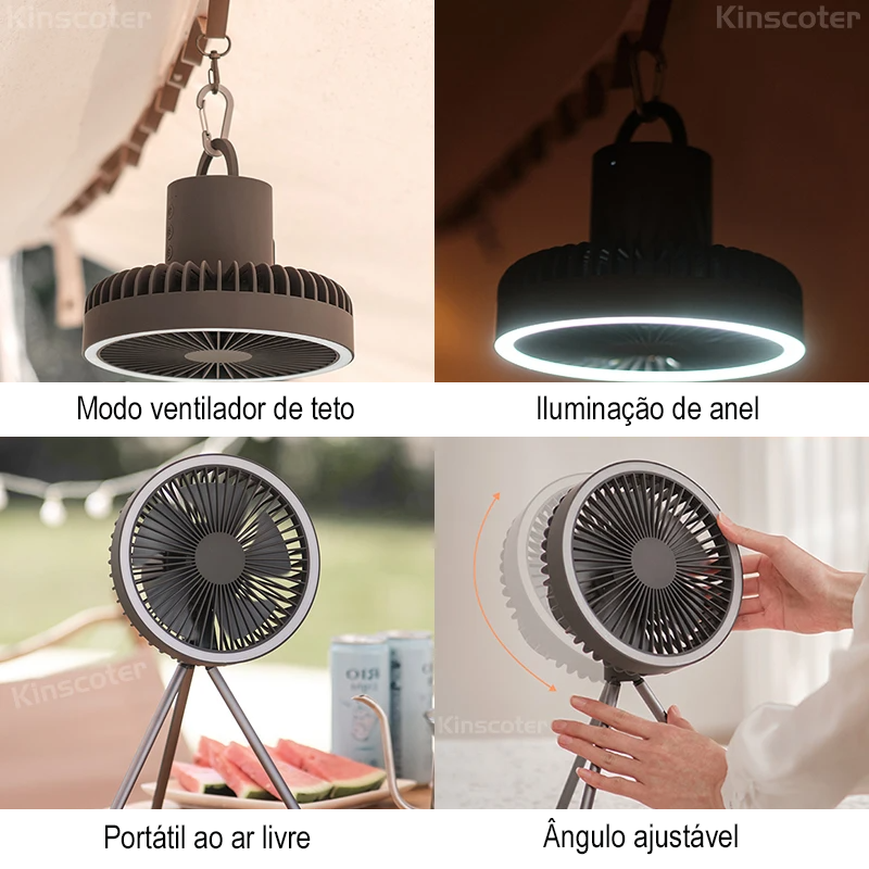 Ventilador Portátil de Campismo com Tripé Recarregável, Iluminação LED 10000mAh