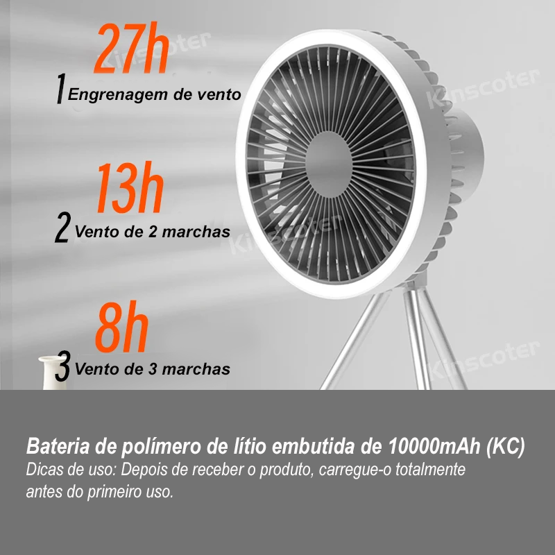 Ventilador Portátil de Campismo com Tripé Recarregável, Iluminação LED 10000mAh