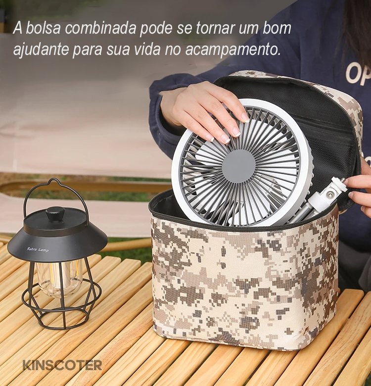 Ventilador Portátil de Campismo com Tripé Recarregável, Iluminação LED 10000mAh