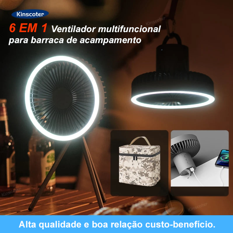 Ventilador Portátil de Campismo com Tripé Recarregável, Iluminação LED 10000mAh