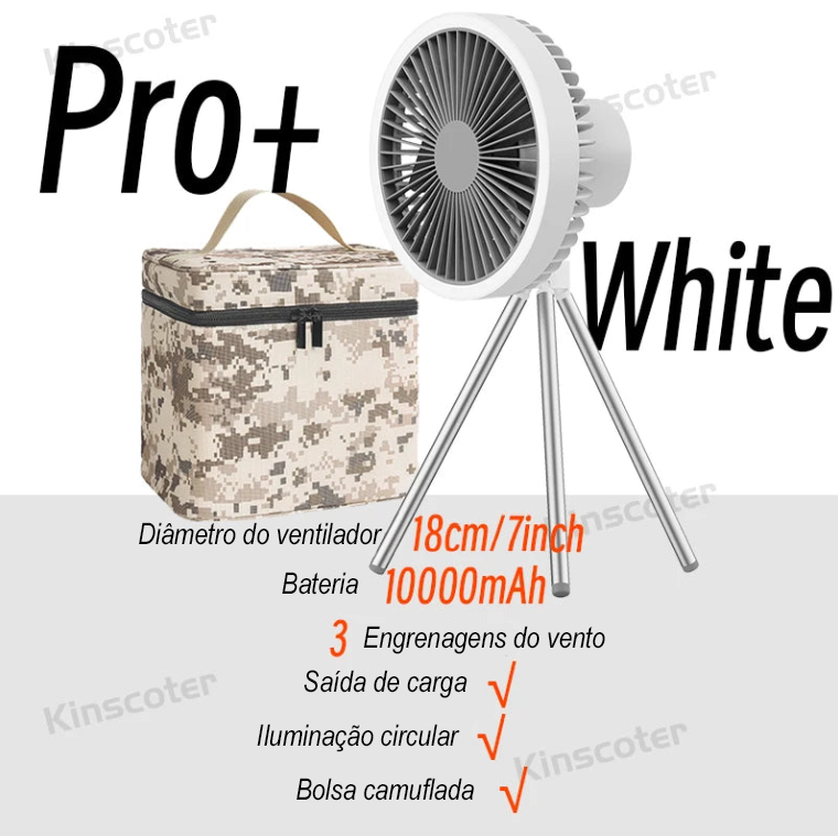 Ventilador Portátil de Campismo com Tripé Recarregável, Iluminação LED 10000mAh