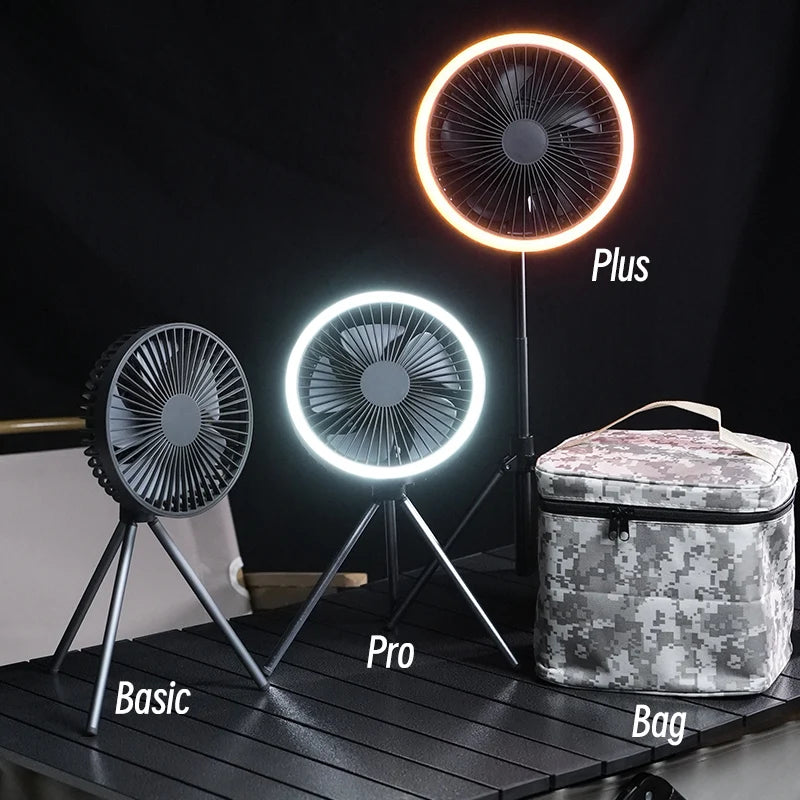 Ventilador Portátil de Campismo com Tripé Recarregável, Iluminação LED 10000mAh